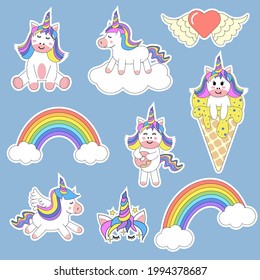 Set of Cute Cartoon Unicorns. Modern patch badges, stickers. Funny animals for birthday.