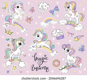 Set of cute cartoon unicorns on a rainbow and magic elements. Vector isolated illustration. For party, print, baby shower, stickers, cards, posters, design, decor, linen, dishes and kids apparel