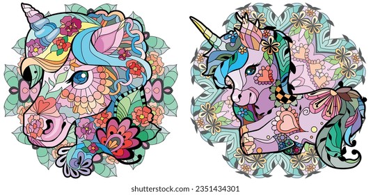 Set of cute cartoon unicorns on mandalas. Fantastic animal. For the design of prints, posters, stickers, tattoos.