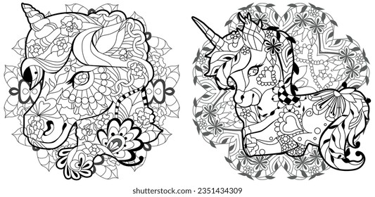 Set of cute cartoon unicorns on mandalas. Fantastic animal. Black and white, linear, image. For the design of prints, posters, stickers, tattoos.