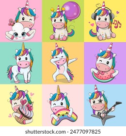 Set of Cute Cartoon Unicorns on a colorful background