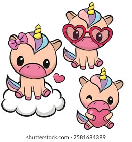 Set of cute cartoon unicorns on a white background