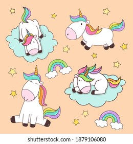 Set of Cute cartoon unicorns with rainbow and stars.  Adorable horse or pony with horn. Kids design ready for print.