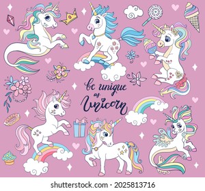 Conjunto de adorables unicornios de dibujos animados, unicornios marinos y elementos mágicos. Ilustración aislada del vector. Para empaque de emoticones, imprenta, carteles, diseño, decoración, ropa de cama, vajilla, camisetas y prendas para niños