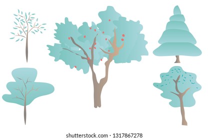 Set of cute cartoon of various tree, isolated on white background. Illustration for kids with blue and brown color.