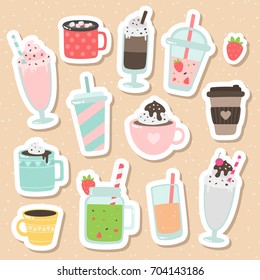 Set of cute cartoon vector drinks icons. Non-alcoholic beverages: tea, hot chocolate, latte,  coffee, smoothie, milkshake, lemonade, orange juice, cappuccino. 