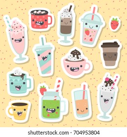 Set of cute cartoon vector drinks caracters. Non-alcoholic beverages: tea, hot chocolate, latte,  coffee, smoothie, milkshake, lemonade, orange juice, cappuccino. 