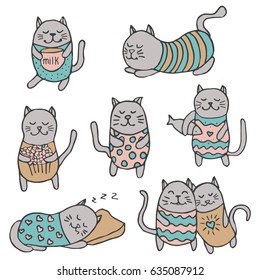 Set of cute cartoon vector grey cats. Hand drawn doodle illustration