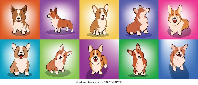 set of cute Cartoon Vector Illustration of a corgi puppy dog