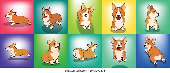set of cute Cartoon Vector Illustration of a corgi puppy dog