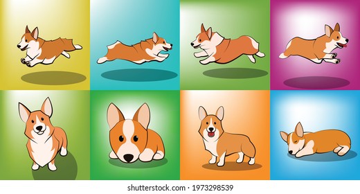 set of cute Cartoon Vector Illustration of a corgi puppy dog