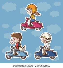 Set of Cute Cartoon Vector Illustration Retro Vintage Classic Scooter Bikers. Retro Classic Scooter Riders Vector set