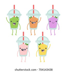 Set of cute cartoon vector illustrations.  Non-alcoholic beverages: smoothie, lemonade, orange juice. Smiling characters isolated on white