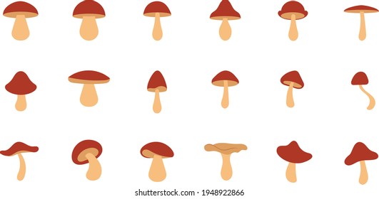 Eine Reihe süßer Cartoon-Vektorpilze auf einem separaten Hintergrund. Entwerfen Sie Naturelemente. Waldgegenstände, Saisonfrühling, Sommer, Herbst. Hier finden Sie Buchillustrationen und Kindermärchen. Lebensmittel