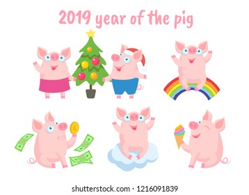 Set of cute cartoon vector pigs isolated on white. Symbol of the Chinese New Year 2019. Happy piglets and New Year tree, piggy on rainbow, with money, on cloud and with  ice cream.