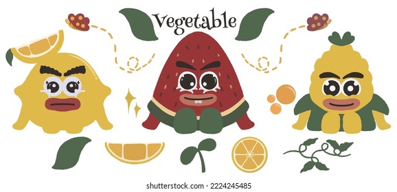 Set of Cute Cartoon Vegetables Character, Water melon, Lemon, Corn	