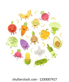 Set of cute, cartoon vegetables. Funny vegetables dance together. Vector illustration in flat design. Isolated on white background. 