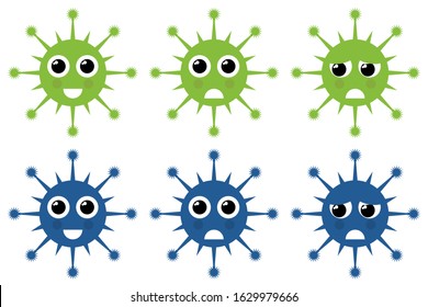 Set of cute cartoon viruses blue and green with different emotions. Emblems and cliparts for decorating medical literature. Coronavirus), New Coronavirus (2019-nKoV). Vector EPS 10.