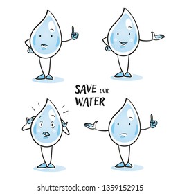 Set of cute cartoon water drop characters in different emotions and poses: alert, presenting and happy, warning concerned. Hand drawn cartoon sketch vector illustration, simple plain coloring. 