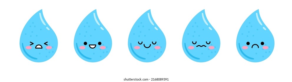 Set of cute cartoon water drops. Blue drops with different emotions. Emotion Scale. Emotion Diary. Vector illustration, isolated on white background