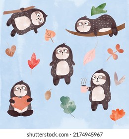 Set of cute cartoon watercolor sloths 