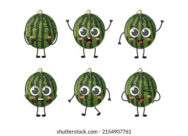 Conjunto de dibujos animados bonitos sandía de la melón conjunto de caracteres vectores de fruta aislados en fondo blanco