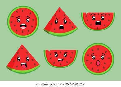 Set of Cute Cartoon Watermelon with Various Expressions