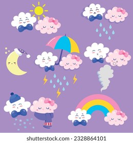 A set of cute cartoon weather forecaster characters with funny faces. Clouds, sun, rainbow, tornadoes, rain and wind. Vector illustrations.