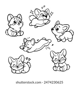 Set of cute cartoon Welsh Corgi dogs in various poses. Perfect vector illustration in line art style on a white background for all your design needs.