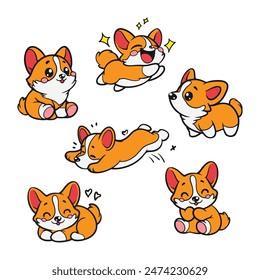 Set of cute cartoon Welsh Corgi dogs in various poses. Perfect vector illustration in flat art style on a white background for all your design needs.