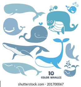 Set of cute cartoon Whale Characters. Hand drawn vector illustration.