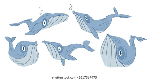 Set of cute cartoon whales in different poses for kids illustration, sea theme collection