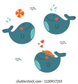 Set of cute cartoon whales enjoying summer. One blue whale plays ball with another, the third one in the hat and in love. Lovely childish vector illustration.