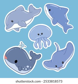 Set of cute cartoon whales and jellyfishes. Vector illustration.