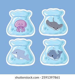 Set of cute cartoon whales and jellyfishes in plastic bags. Vector illustration.