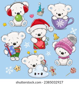 Set of Cute Cartoon White Bears isolated on a blue background