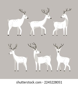 Set of cute cartoon white deer in Scandinavian style. Vector hand-drawn animals for childish prints on gray background.