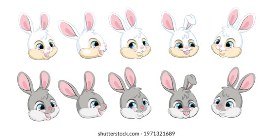 Set of cute cartoon white and gray rabbits heads. Vector isolated illustration. For postcard, posters, nursery design, greeting card, stickers, room decor, party, nursery t-shirt,apparel