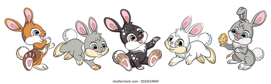 Set of cute cartoon white, gray, black and brown rabbits. Vector isolated illustration. For postcard, posters, nursery design, greeting card, stickers, room decor, party, nursery t-shirt, apparel