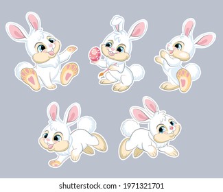 Set of cute cartoon white rabbits. Vector isolated illustration. For postcard, posters, nursery design, greeting card, stickers, room decor, party, nursery t-shirt,apparel