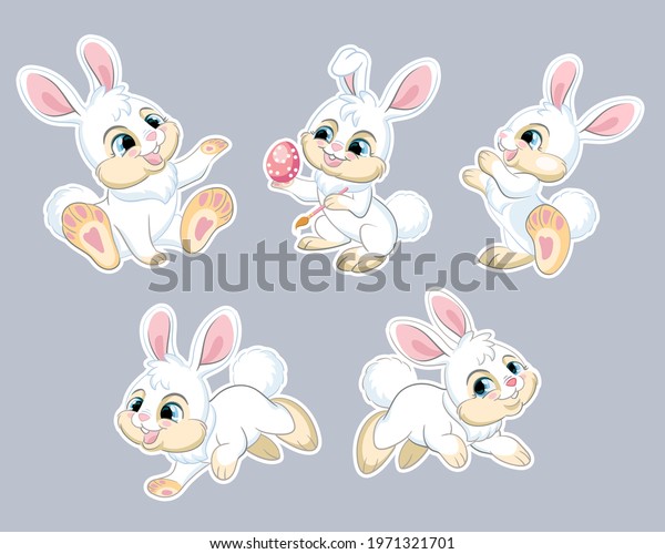 Set Cute Cartoon White Rabbits Vector Vector De Stock Libre De Regalías 1971321701 Shutterstock