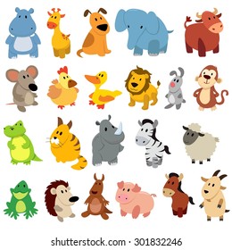 Set of cute cartoon wild animals and pets.