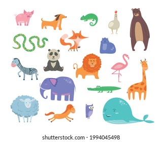 Set of Cute cartoon wild and farm domestic animals and birds isolated on white transparent background. Vector flat design children illustration. Side view. Farm domestic animals drawings. Side view
