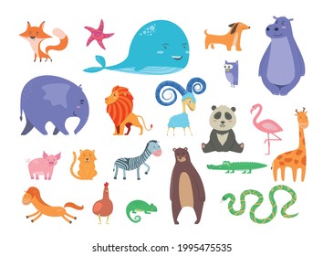 Set of Cute cartoon wild and farm domestic animals and birds isolated on white transparent background