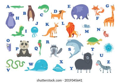 Set of Cute cartoon wild and farm domestic animals and birds isolated on white transparent background. Vector flat design children illustration. Alphabet for kids