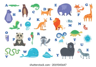 Set of Cute cartoon wild and farm domestic animals and birds isolated on white transparent background. Vector flat design children illustration. Alphabet for kids