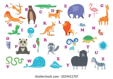 Set of Cute cartoon wild and farm domestic animals and birds isolated on white transparent background