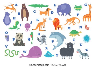 Set of Cute cartoon wild and farm domestic animals and birds isolated on white transparent background. Vector flat design children illustration. Alphabet for kids