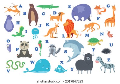 Set of Cute cartoon wild and farm domestic animals and birds isolated on white transparent background