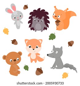 Set of cute cartoon wild forest animals rabbit, squirrel, hedgehog, bear, fox, wolf